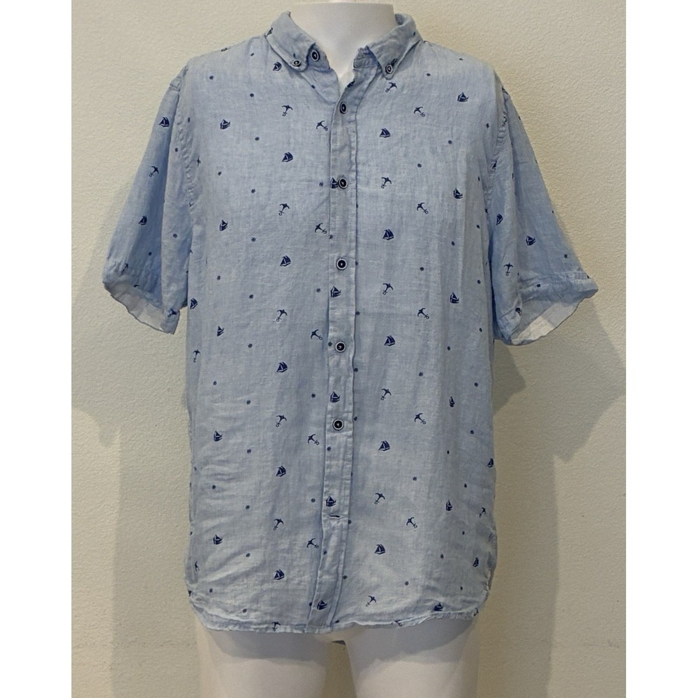 Report Collection Heritage Mens 100% Linen Short Sleeve Shirt XL Blue Sailboats